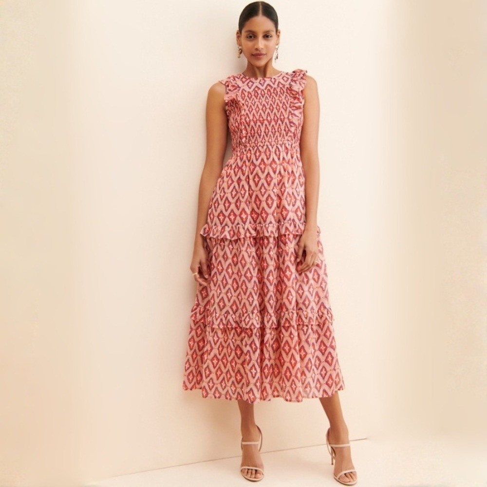 BANJANAN Iris Tiered Dress Pink Geometric Block Print Smocked Maxi Dress XS